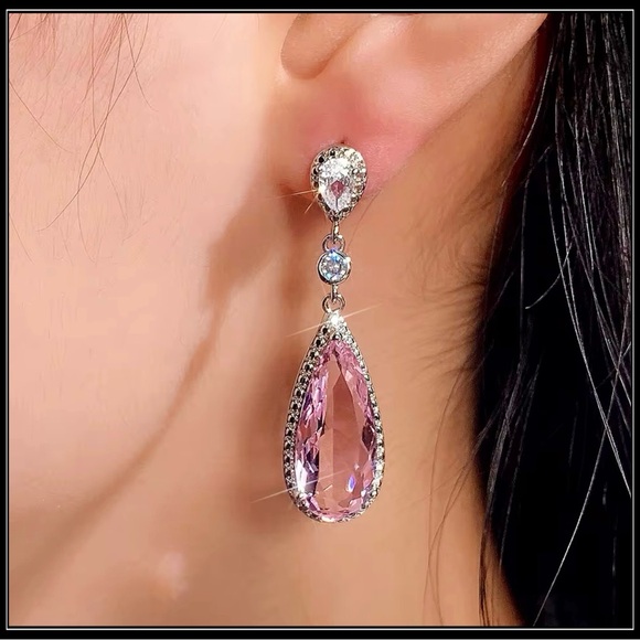 NEW WHITE GOLD PINK AMETHYST ORNATE DROP 3ct PEAR EARRINGS - Picture 4 of 4